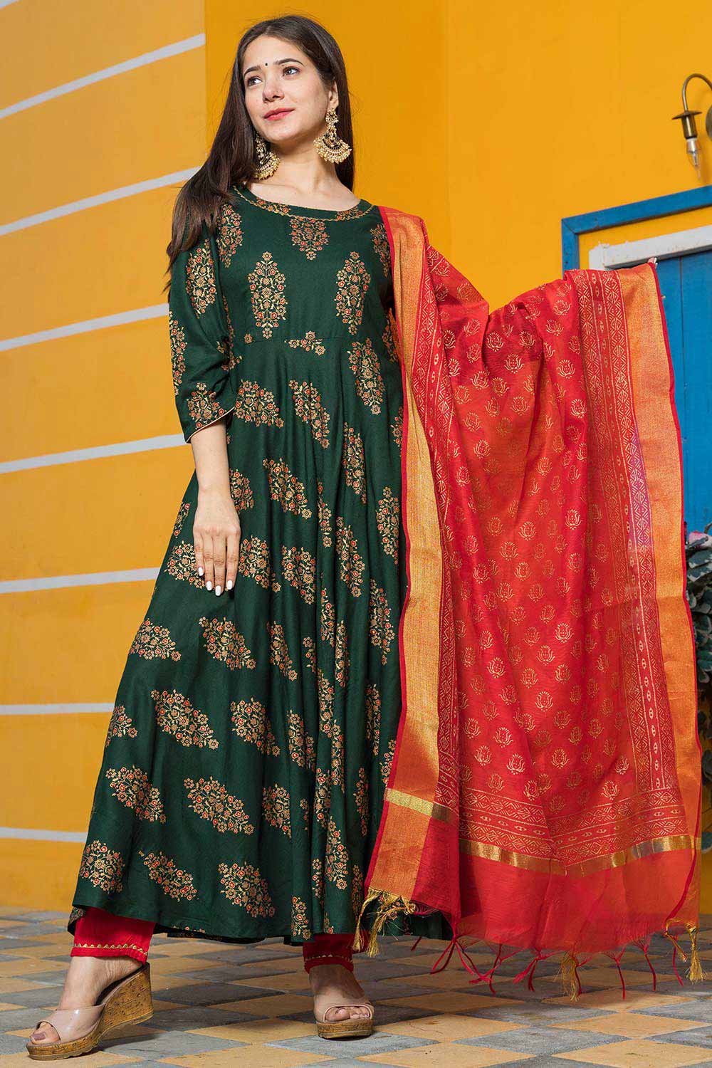 Leaf Green Rayon Printed Work Anarkali Kurta Set With Duppata