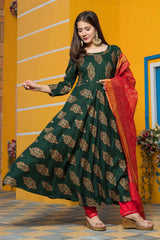 Leaf Green Rayon Printed Work Anarkali Kurta Set With Duppata