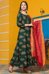 Leaf Green Rayon Printed Work Anarkali Kurta Set With Duppata