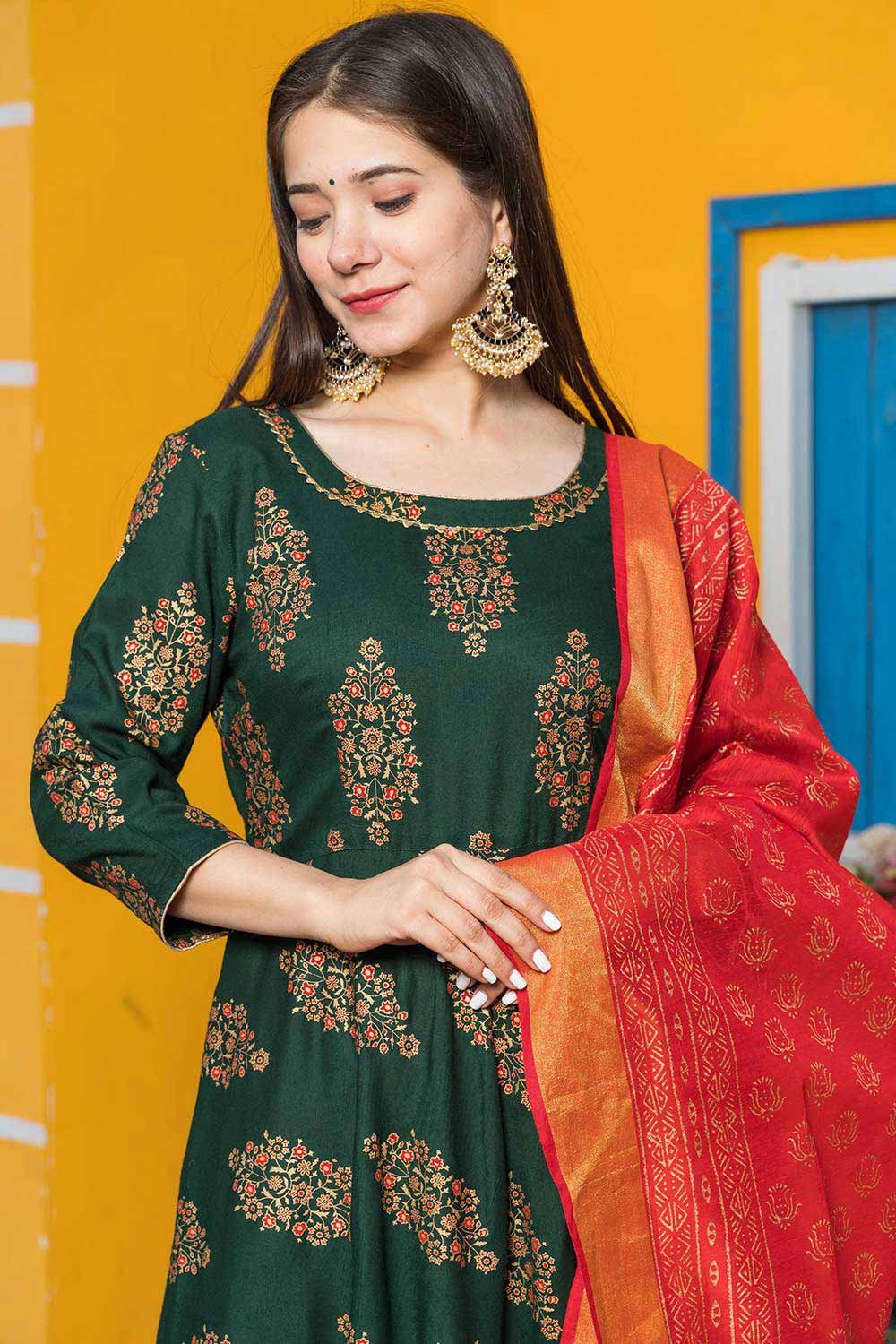 Leaf Green Rayon Printed Work Anarkali Kurta Set With Duppata