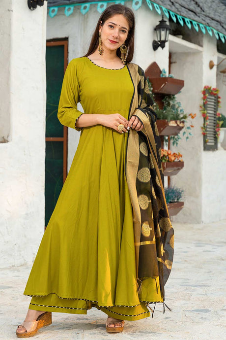 Mehendi Green Rayon Flared Work Anarkali Kurta Set With Duppata