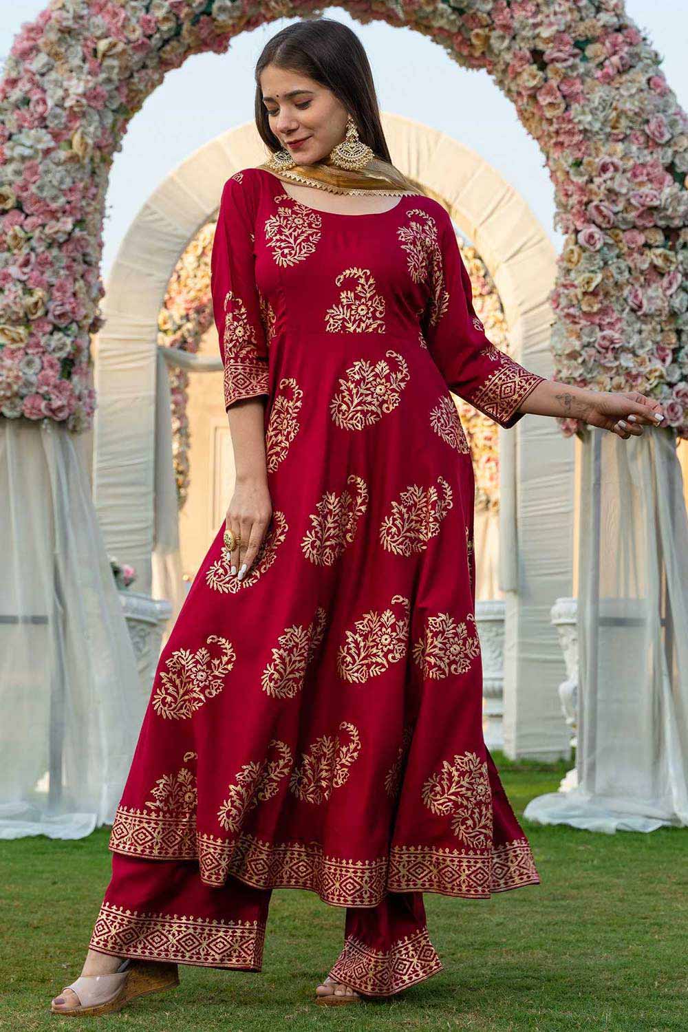 Maroon Rayon Hand Block Print Anarkali Kurta Set With Duppata