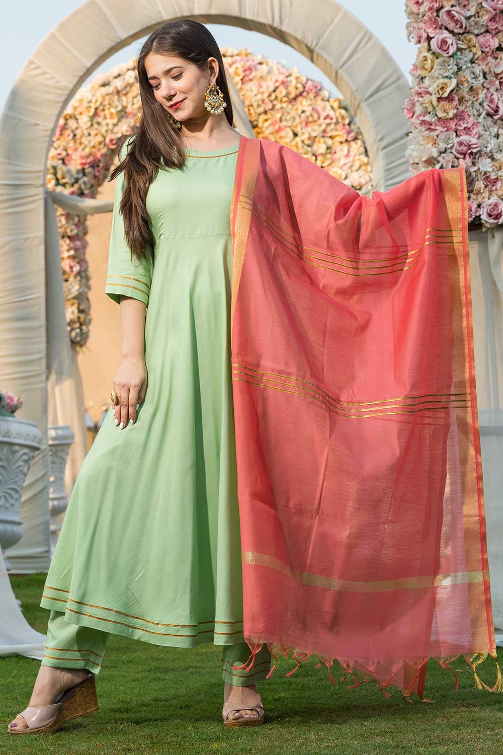 Pista Green Rayon Gota Work Anarkali Kurta Set With Duppata