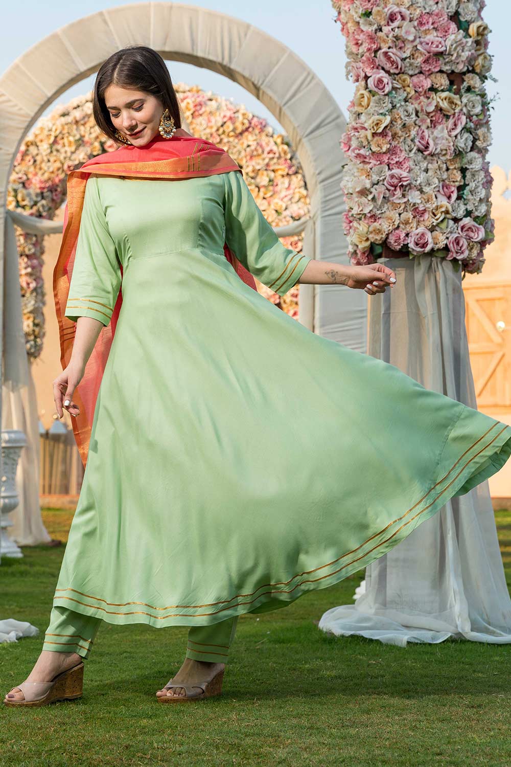 Pista Green Rayon Gota Work Anarkali Kurta Set With Duppata