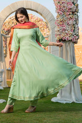 Pista Green Rayon Gota Work Anarkali Kurta Set With Duppata