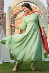 Pista Green Rayon Gota Work Anarkali Kurta Set With Duppata