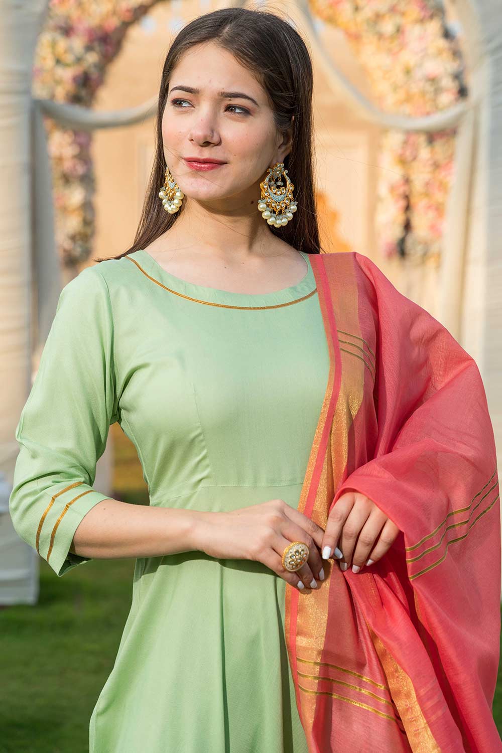 Pista Green Rayon Gota Work Anarkali Kurta Set With Duppata