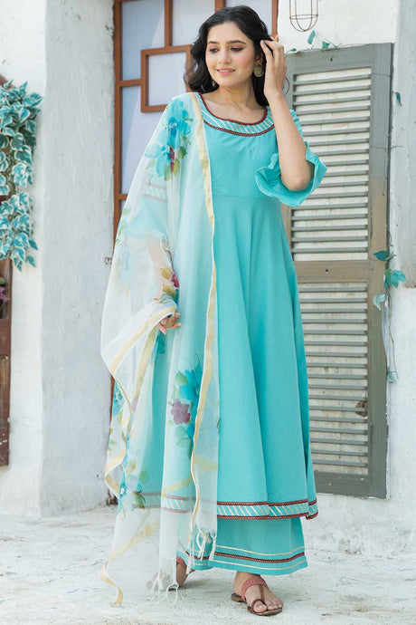 Buy Sky Blue Kurta Set with Hand Paint Organza Dupatta  Online