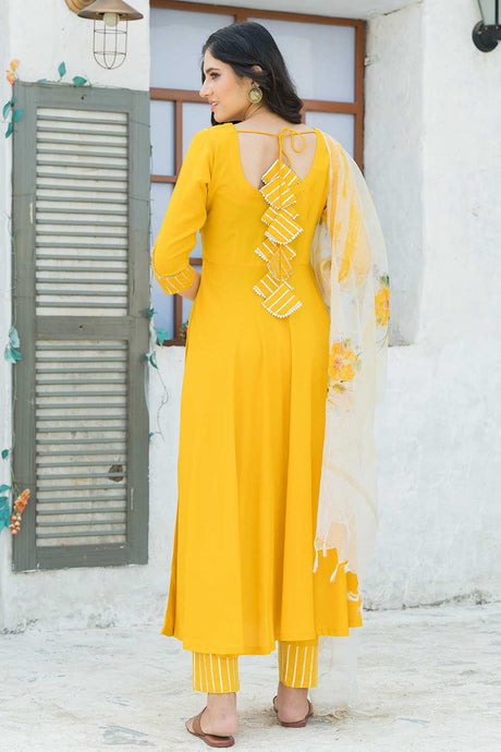 Yellow Rayon Gota Work With Hand Print Work Anarkali Kurta Set With Duppata