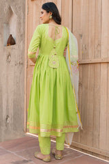 Crisp Green Cotton Gota Work Anarkali Kurta Set With Duppata