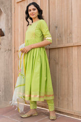 Crisp Green Cotton Gota Work Anarkali Kurta Set With Duppata