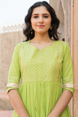 Crisp Green Cotton Gota Work Anarkali Kurta Set With Duppata