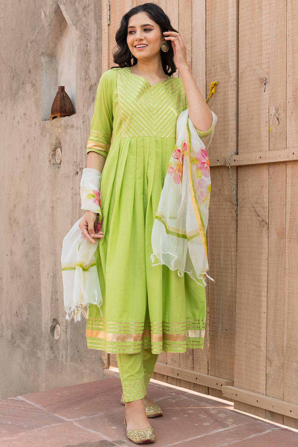 Crisp Green Cotton Gota Work Anarkali Kurta Set With Duppata