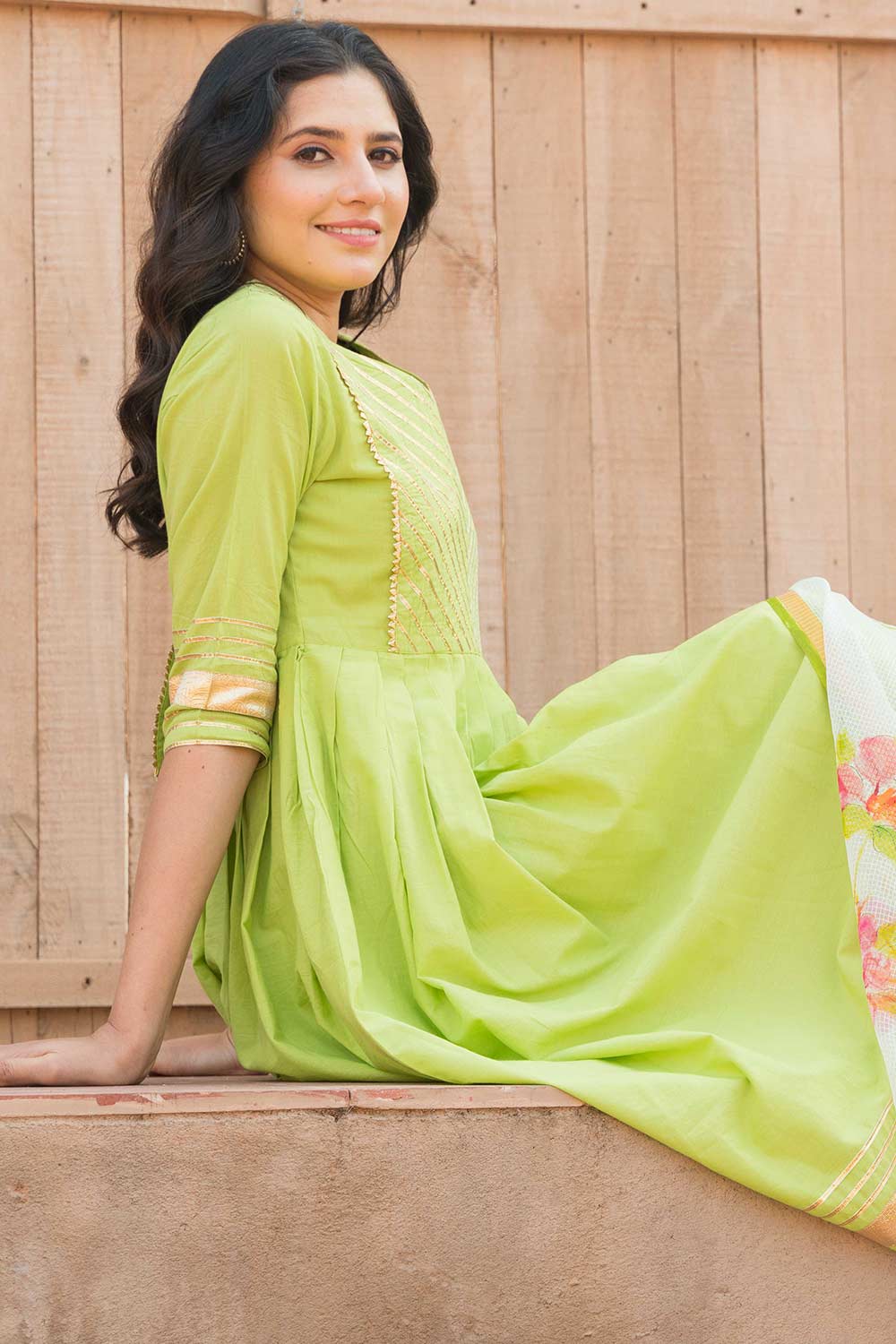 Crisp Green Cotton Gota Work Anarkali Kurta Set With Duppata