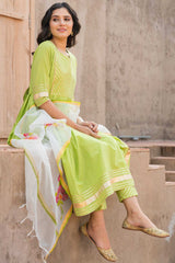 Crisp Green Cotton Gota Work Anarkali Kurta Set With Duppata