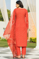 Tangerine Orange Cotton Block Printed Kurta Set With Duppata