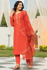 Tangerine Orange Cotton Block Printed Kurta Set With Duppata