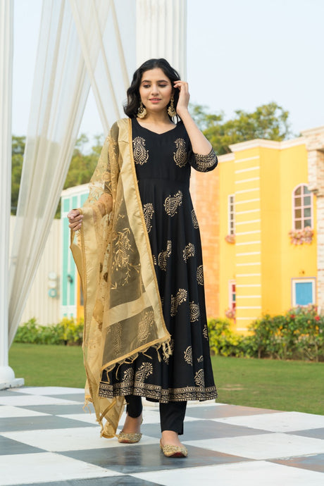 Buy Black rayon Hand Block Gold Print with Gota Patti work Anarkali Suit Set Online