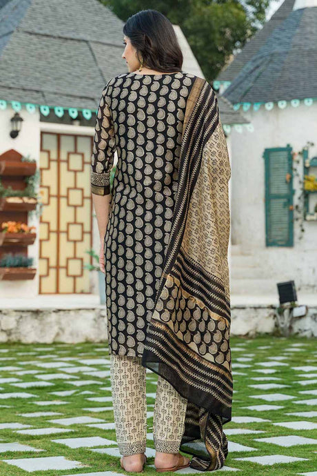 A Golden Black Cotton Bagru Block Printed Kurta Set With Duppata