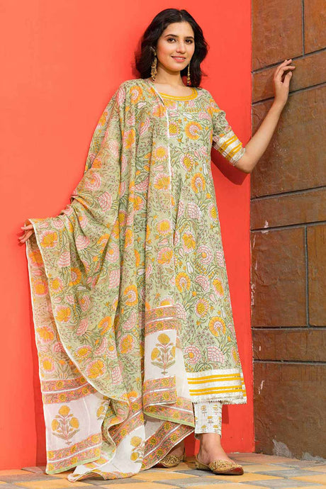 Buy Pastel Green Floral Hand Block Print Kurta Dupatta Set  Online