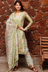 Buy Shiny Green Block Print Chanderi Suit set Online