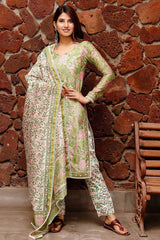 Shiny Green Cotton Block Printed Kurta Set With Duppata