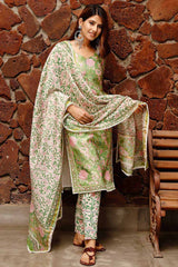 Shiny Green Cotton Block Printed Kurta Set With Duppata