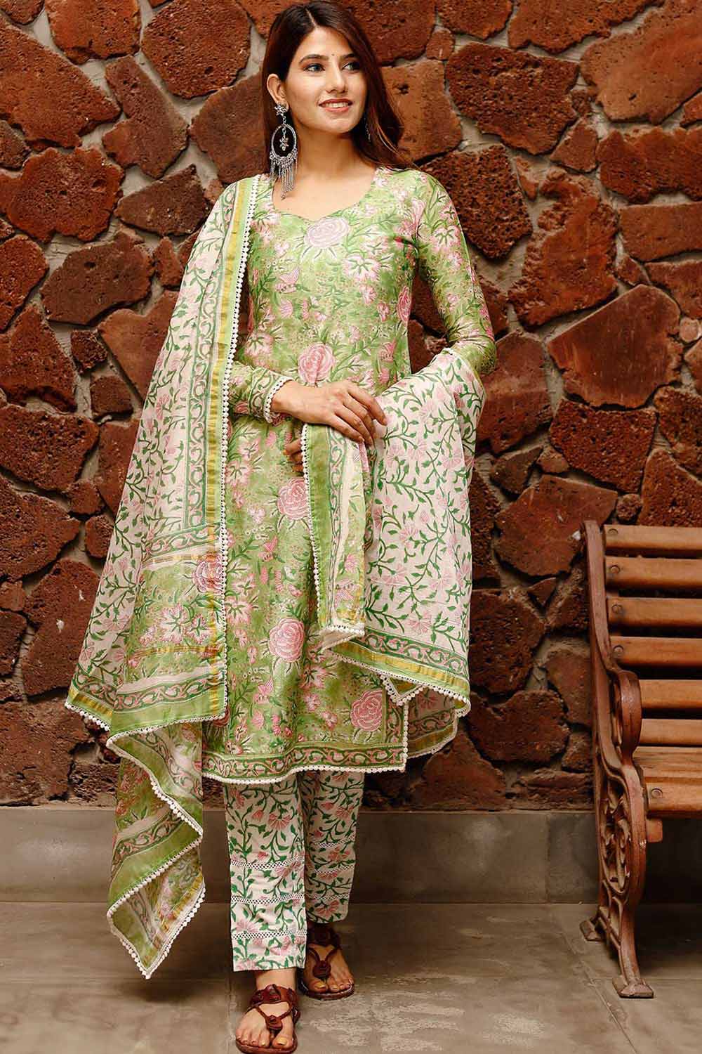 Shiny Green Cotton Block Printed Kurta Set With Duppata