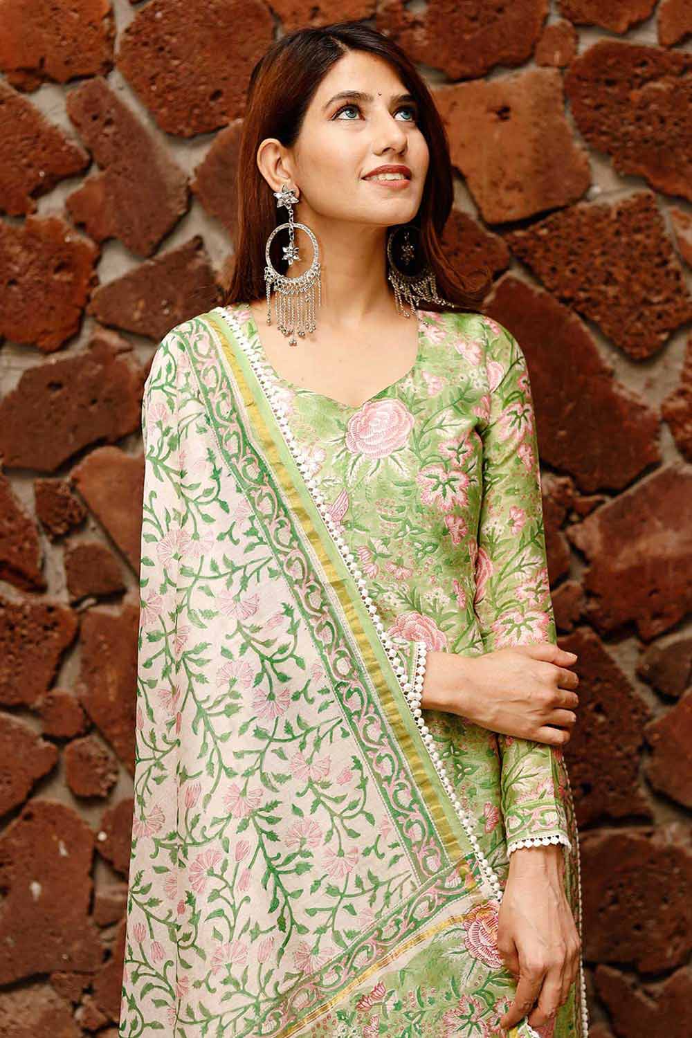 Shiny Green Cotton Block Printed Kurta Set With Duppata