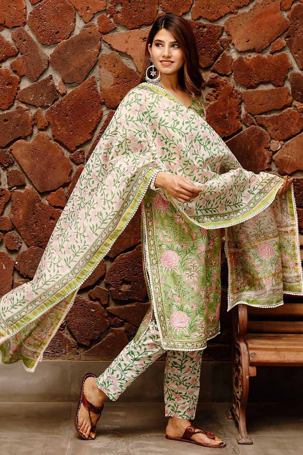 Shiny Green Cotton Block Printed Kurta Set With Duppata