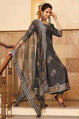 Grey Rayon Gold Hand Block Print Anarkali Kurta Set With Duppata