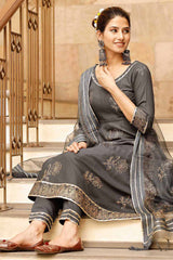 Grey Rayon Gold Hand Block Print Anarkali Kurta Set With Duppata