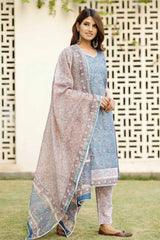 Blue Cotton Block Printed Kurta Set With Duppata