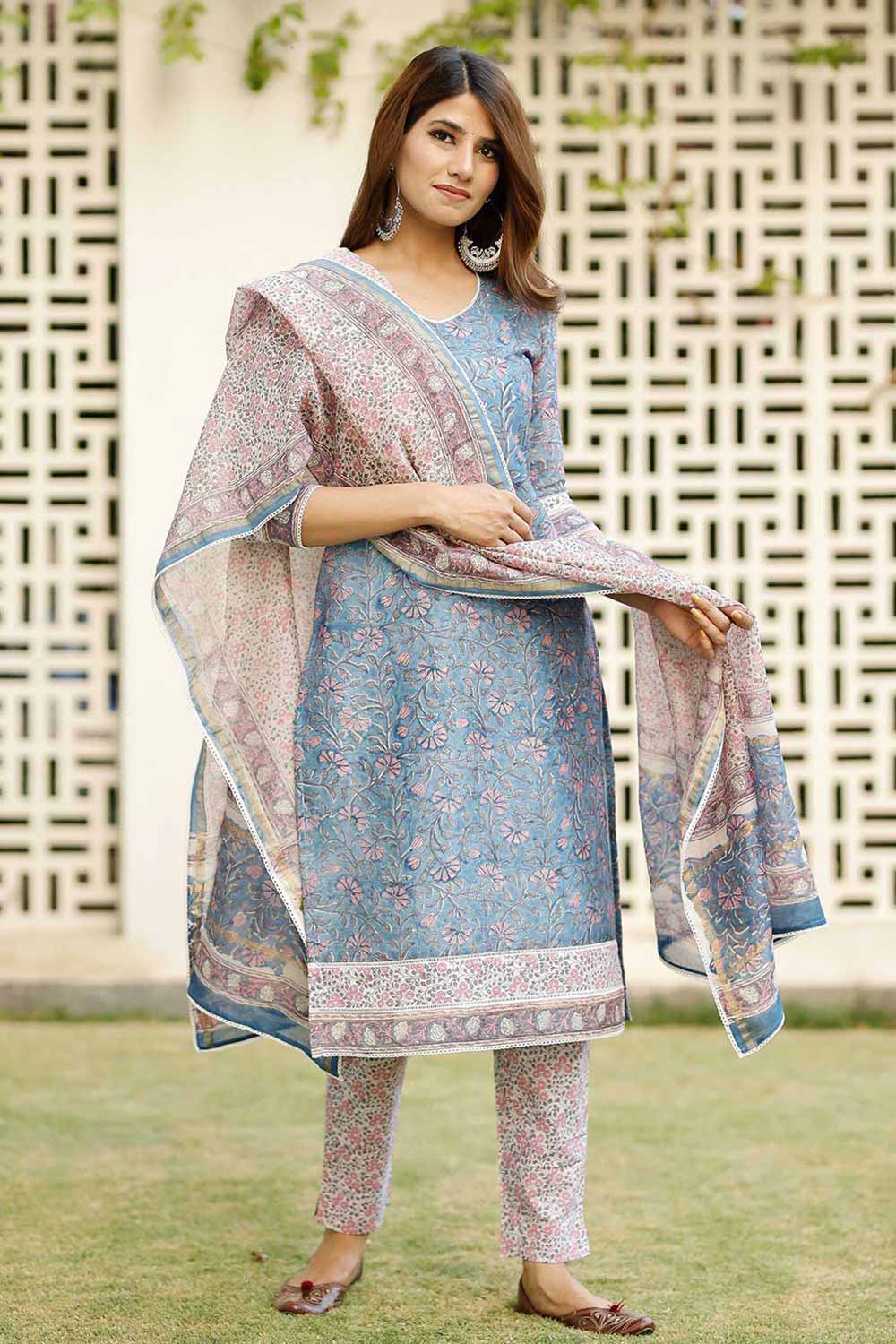 Blue Cotton Block Printed Kurta Set With Duppata