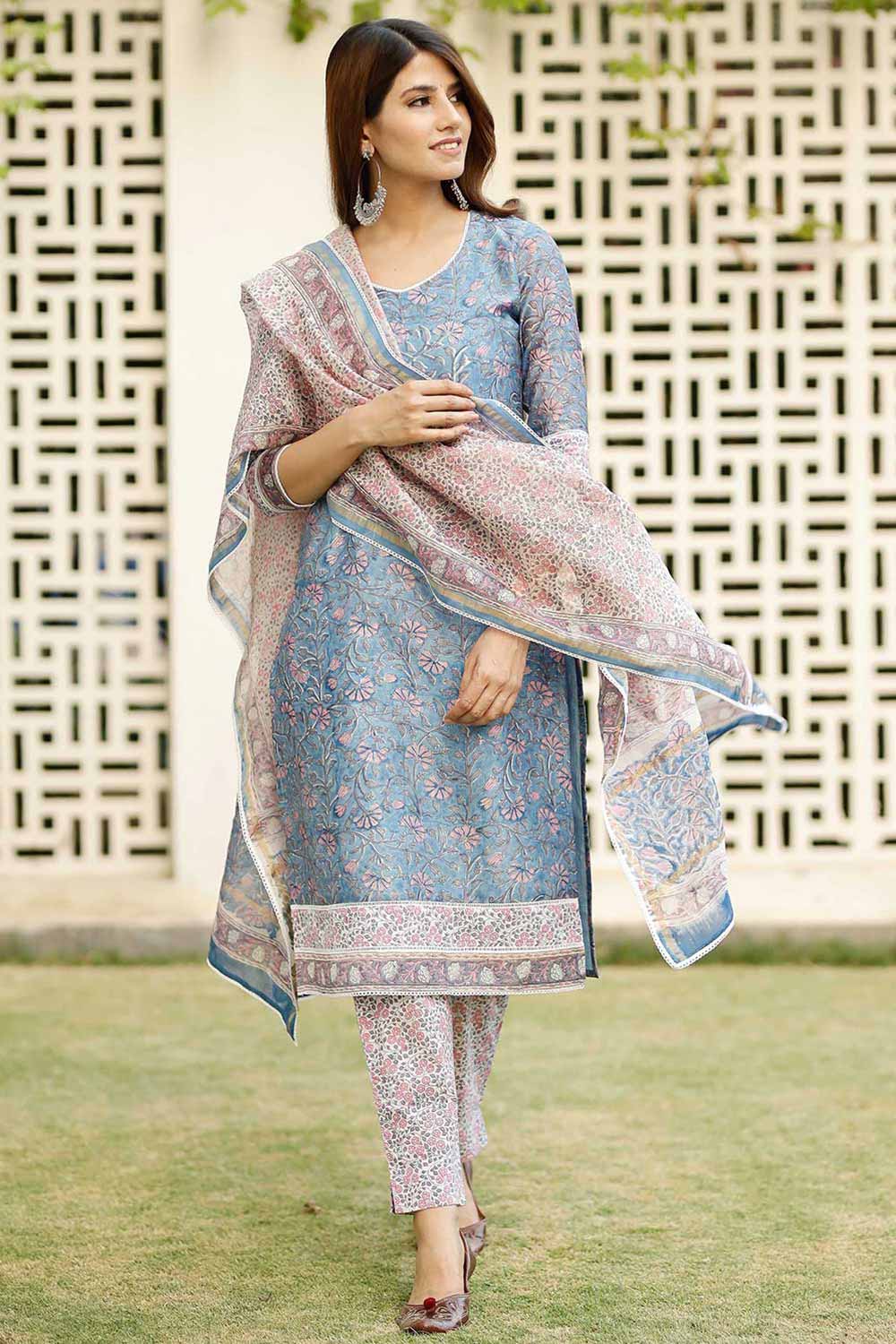 Blue Cotton Block Printed Kurta Set With Duppata