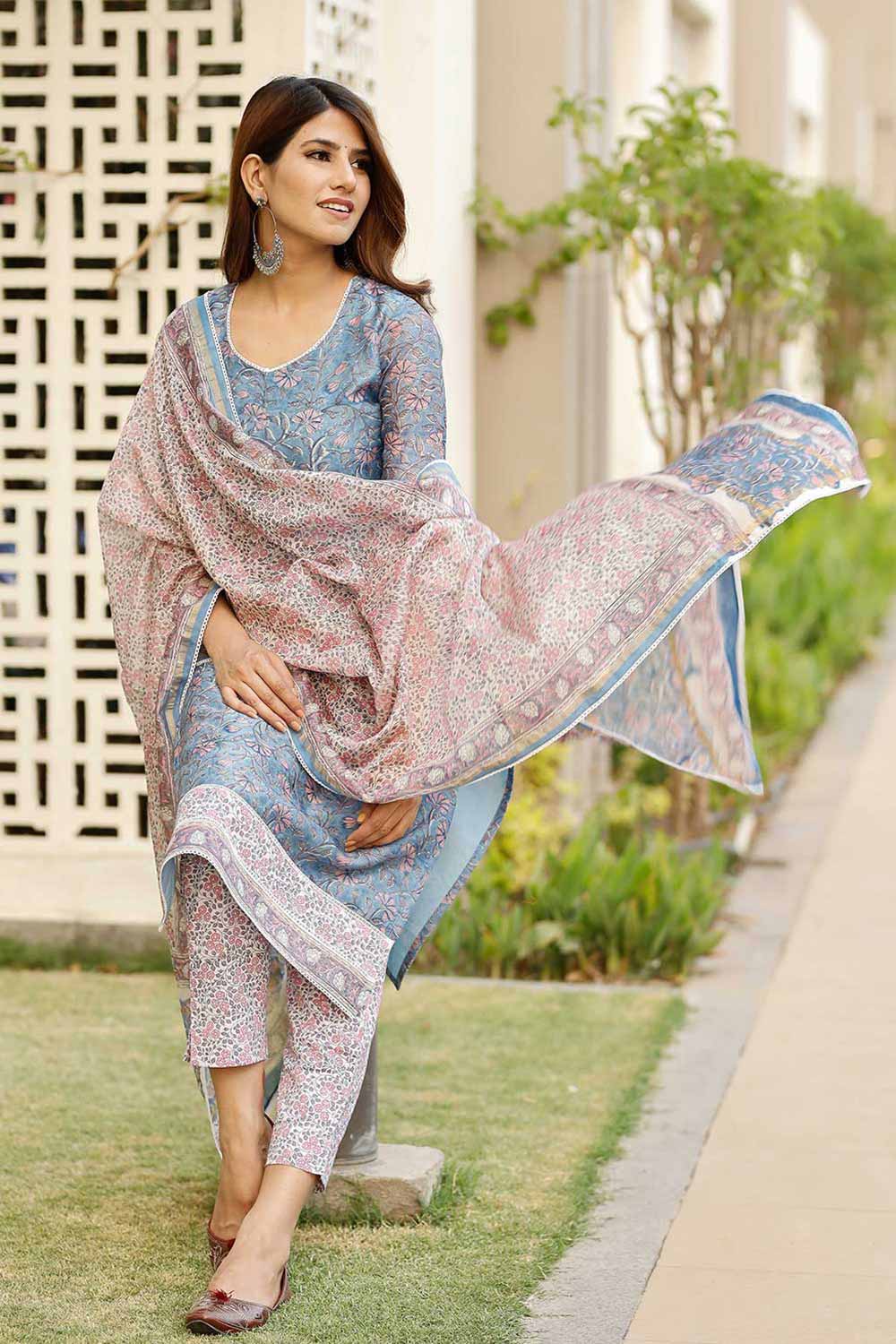 Blue Cotton Block Printed Kurta Set With Duppata