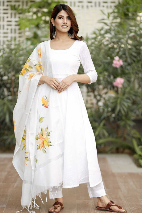 Buy White flared cotton kurta set with hand paint chanderi dupatta  Online
