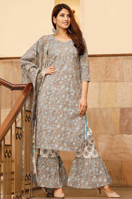 Buy Pheeta Light Grey Floral Hand Block Printed Set with Flared Pants and Dupatta Online