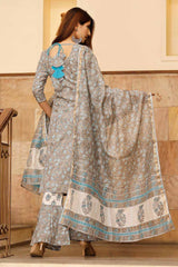 Grey Cotton Block Printed Anarkali Flared Kurta Set With Duppata