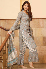 Grey Cotton Block Printed Anarkali Flared Kurta Set With Duppata