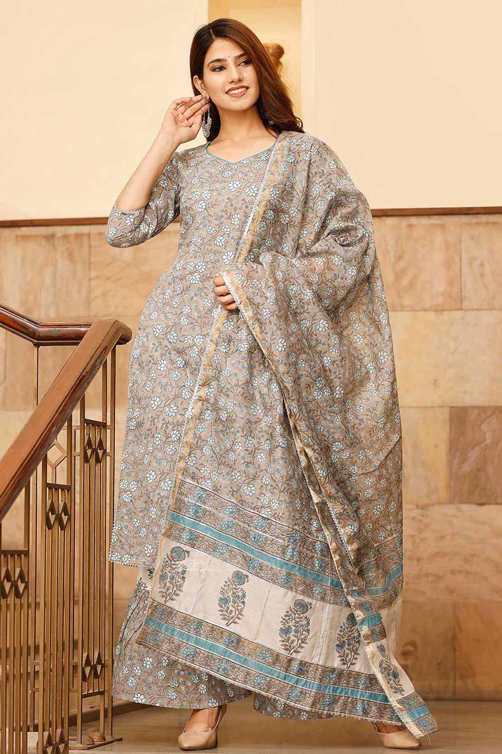 Grey Cotton Block Printed Anarkali Flared Kurta Set With Duppata