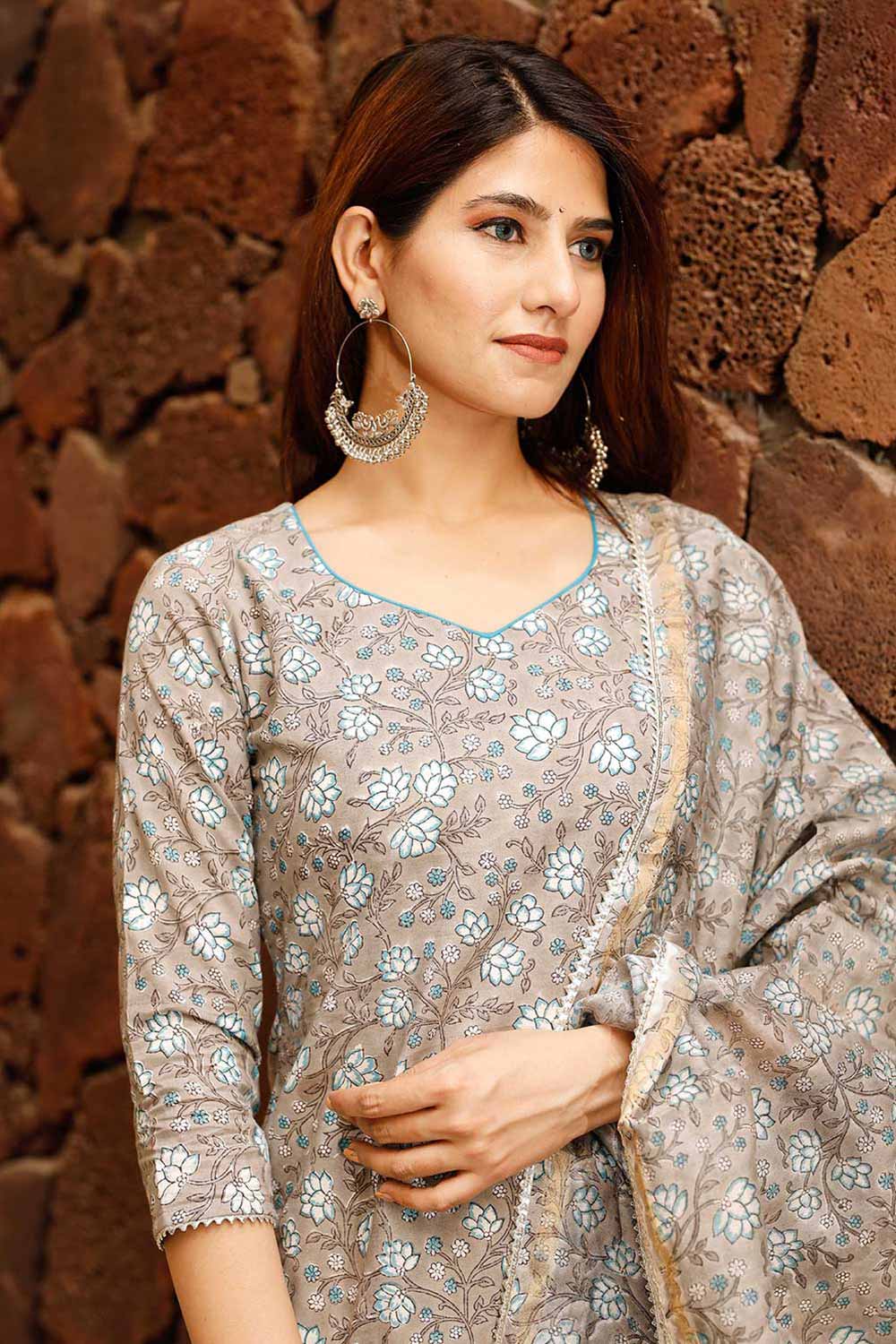 Grey Cotton Block Printed Anarkali Flared Kurta Set With Duppata