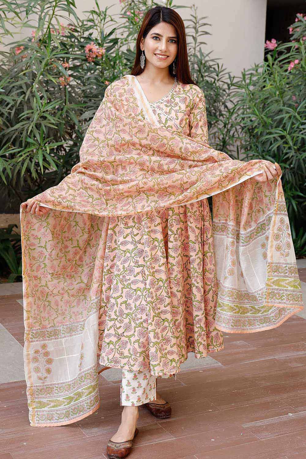 Buy Round Neck Printed Anarkali Kurta Set with Straight Pants Online