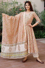 Peach Cotton Printed Anarkali Kurta Set With Duppata