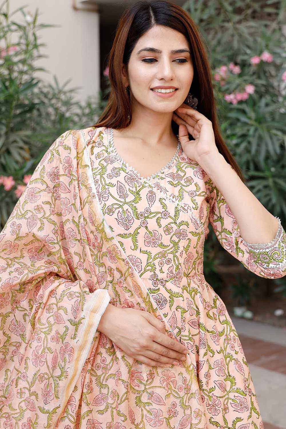 Peach Cotton Printed Anarkali Kurta Set With Duppata