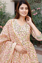 Peach Cotton Printed Anarkali Kurta Set With Duppata