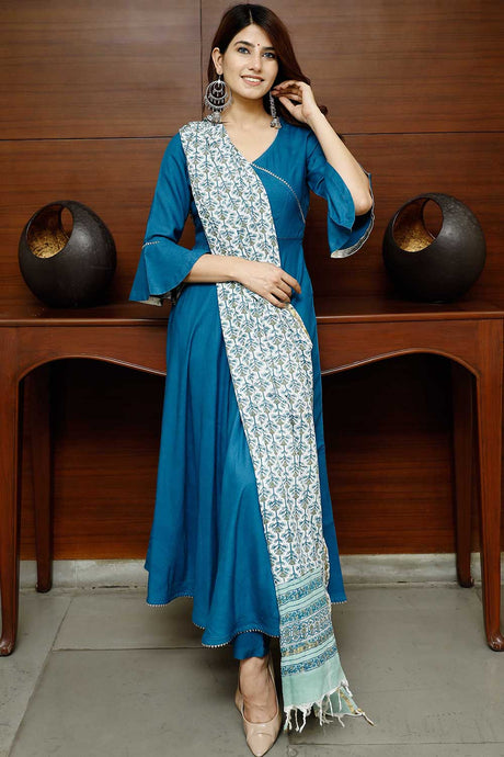 Buy Pheeta Sapphire Blue Solid Suit Set with Block Print Dupatta  Online