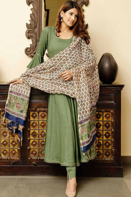 Buy Olive Green Flared Solid Suit Set with Block Print Dupatta Online