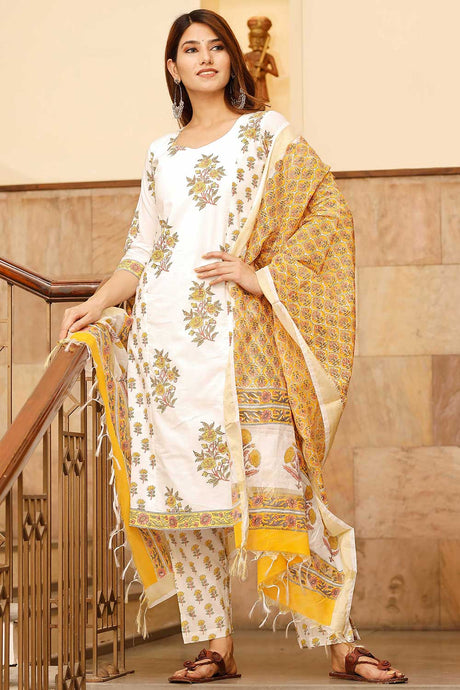 Buy White Block Printed Straight Kurta Set Online