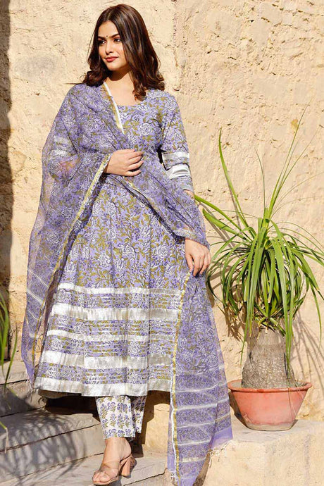 Buy Purple Block Printed Anarkali Suit Set with Printed Dupatta Online